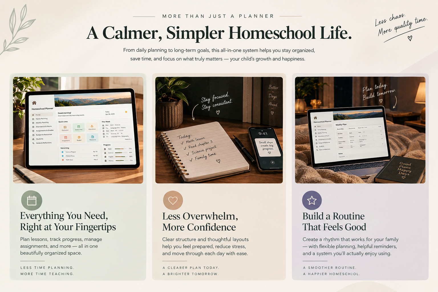 A tablet, notebook, and phone on a wooden desk showing a homeschool day held together by one calm planning system