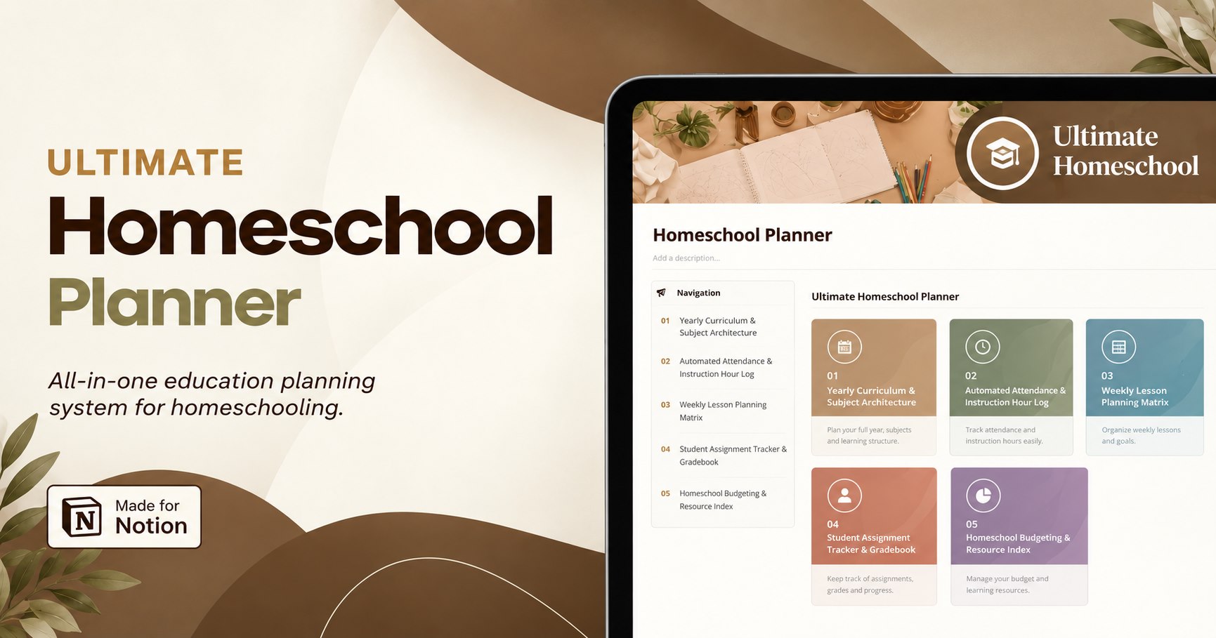 All-in-One Homeschool Planner promotional artwork showing the Ultimate Homeschool Planner dashboard on a tablet, with the five organized planning areas